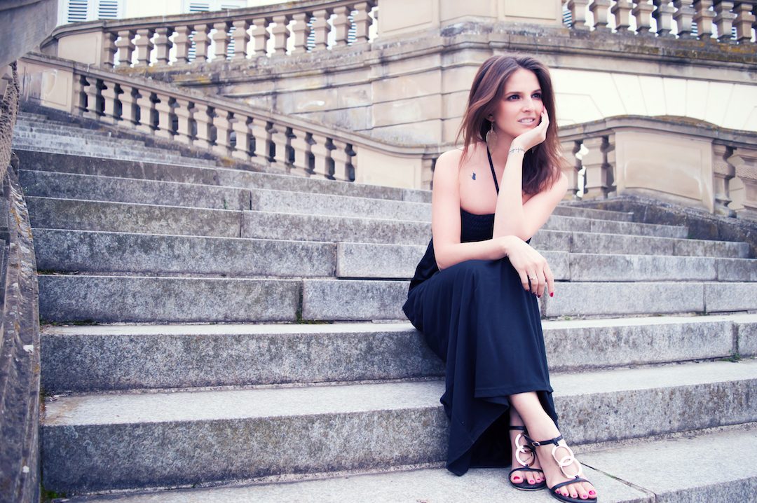 Black-Maxi-Dress-Sitting-on-the-steops-of-Solitude